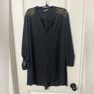 Cato Black Boxy Blouse with Embellished Mandarin Collar